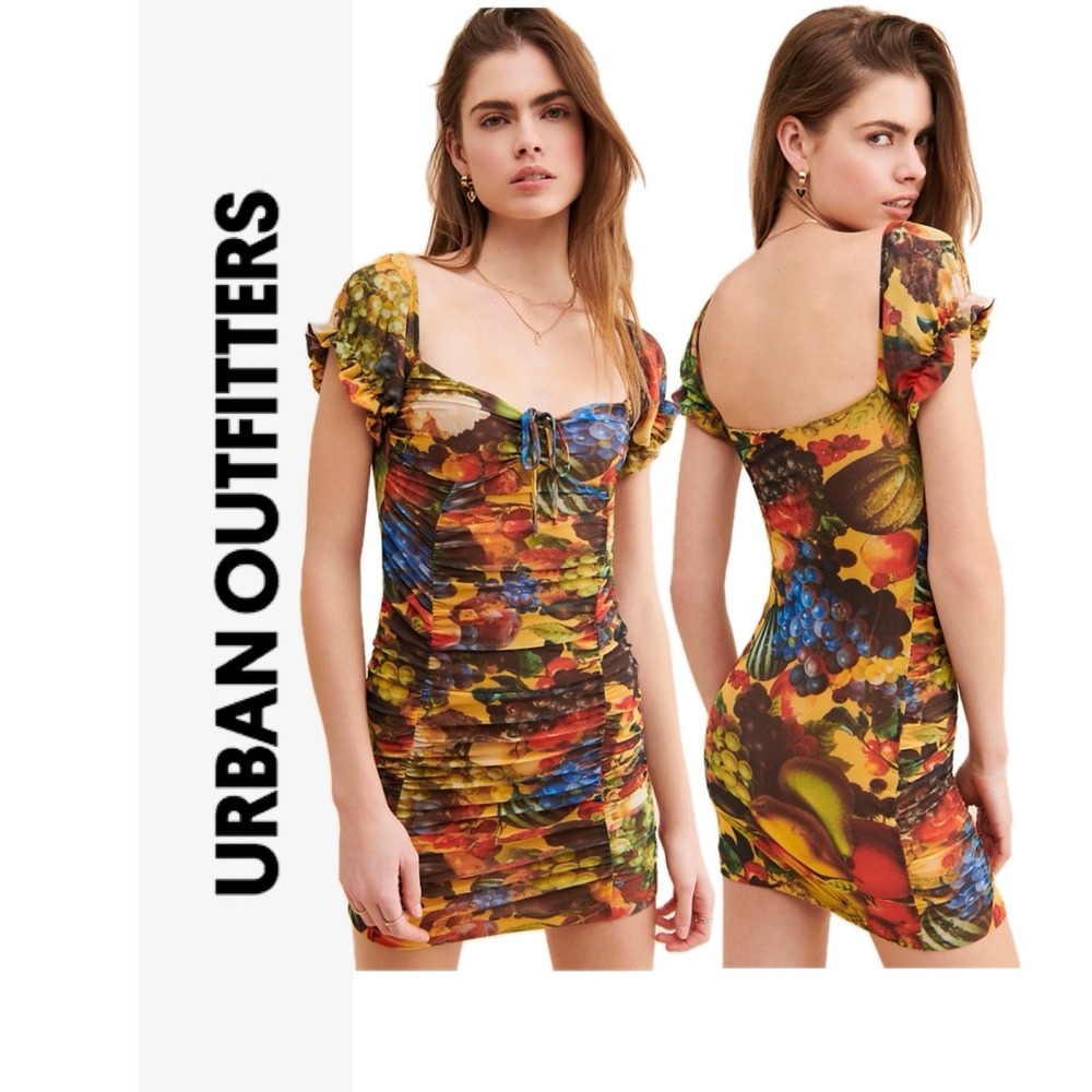 Urban Outfitters Fruit Print Mesh Ruched Mini Dress Short Sleeve Sz S Party Core